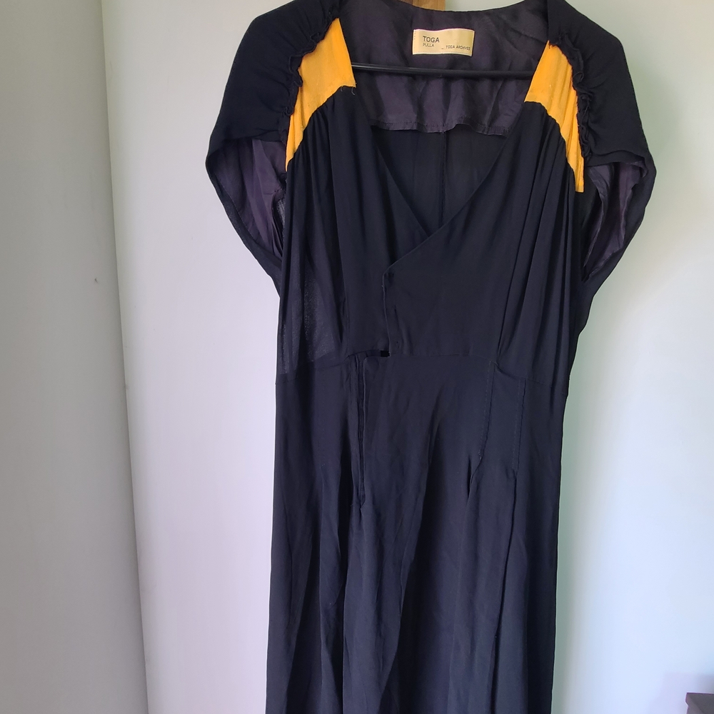 TOGA Pulla Black and Orange V-Neck Midi Dress